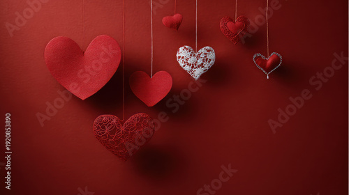 Red Hearts Hanging on Strings against Red Background for Valentines Day