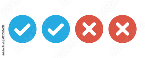 Set of blue check marks and red crosses in solid circles isolated on white background for web design