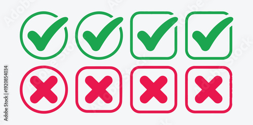 Set of green check marks and red crosses in various styles isolated on white background for web design