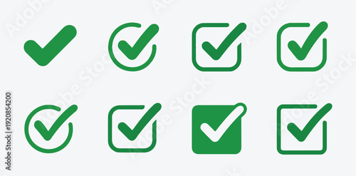 Eight different green check mark symbols in circles and squares for verification