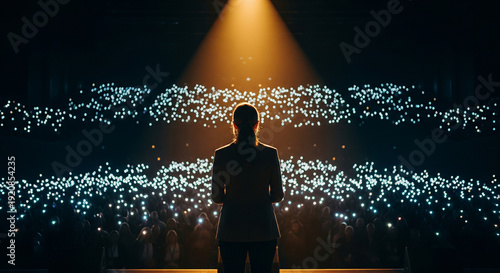 A female keynote speaker on stage in a golden spotlight facing a crowd, symbolizing leadership, influence, and public speaking success.