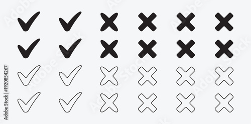 Set of black and outline check marks and crosses icons isolated on gray background for web design and app UI
