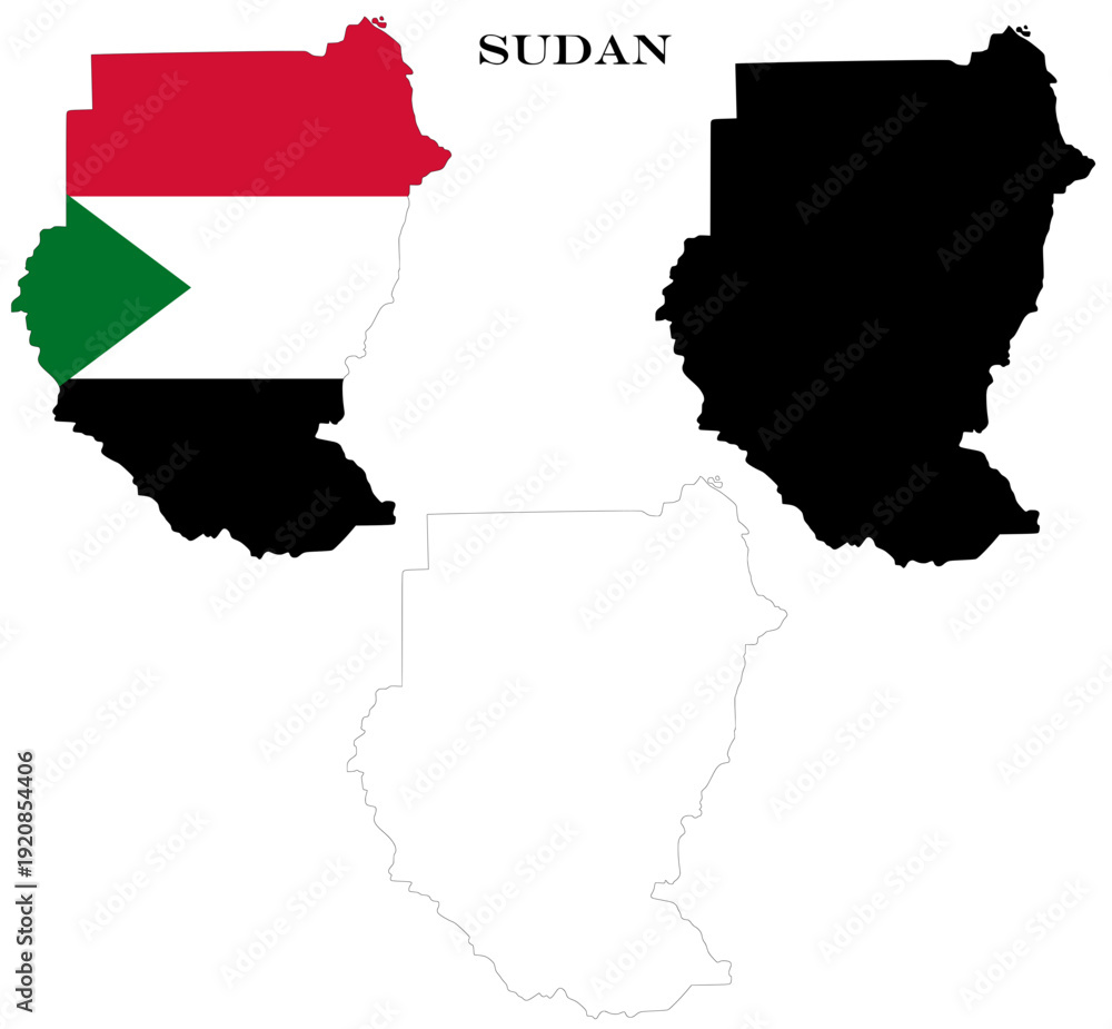 Fototapeta premium Sudan Country Maps Bundle with National Flag, Black Silhouette and Detailed Outline Contours