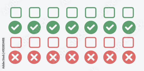 Set of green check marks and red cross marks in square and circle shapes over white background