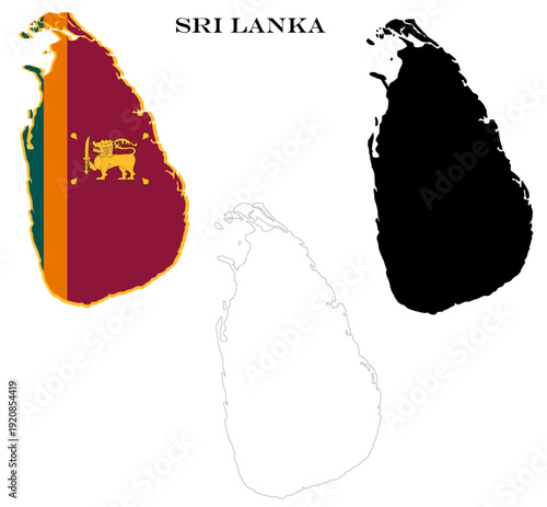 Sri Lanka Country Maps Bundle with National Flag, Black Silhouette and Detailed Outline Contours