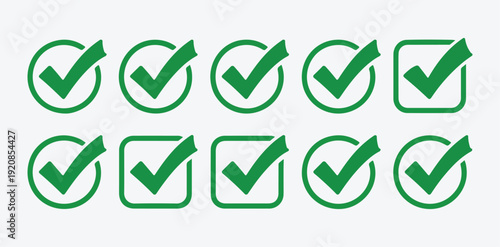 Green check mark vector icons set isolated on light background for web and application interface