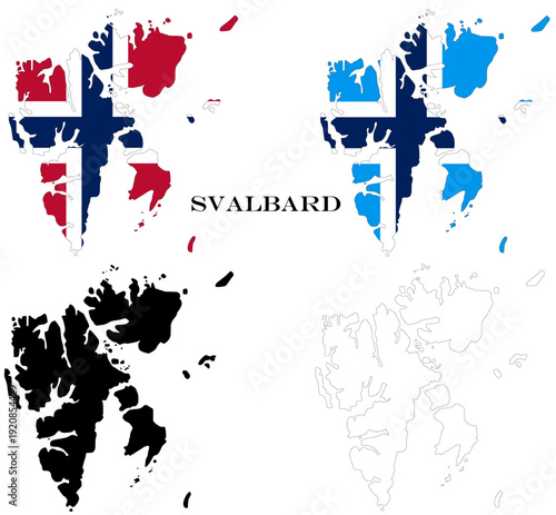 Svalbard Archipelago Maps Bundle with Norwegian Flag, Black Silhouette and Detailed Outline Contours