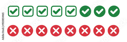Eight green check marks in squares and circles and eight red cross marks in circles on white
