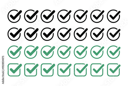 Twenty four black and green check marks in circles and squares arranged in rows on white