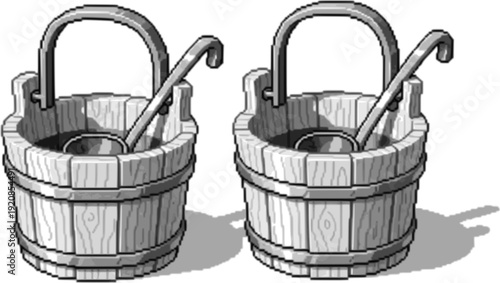 Pixel art and monochrome wooden buckets with metal ladles
