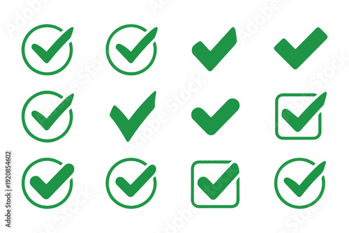 Multiple green check mark icons and tick symbols for success validation and checklist design projects in vector
