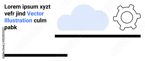 Cloud computing, data management, technology systems, digital tools, software development, IT services. Minimalist visual with a cloud and gear icon paired with text. Cloud computing and data