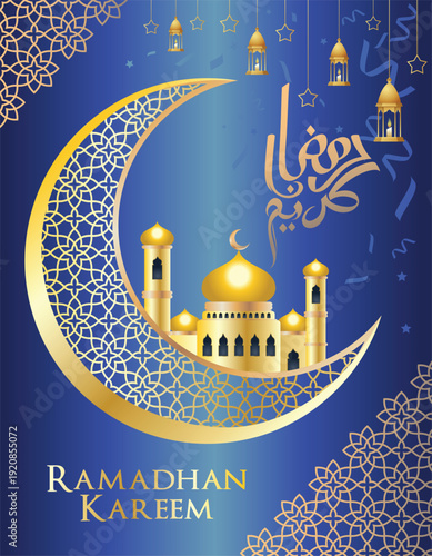 An illustration of mosque on Moon ornament a Ramadhan Kareem theme on night  blue background
