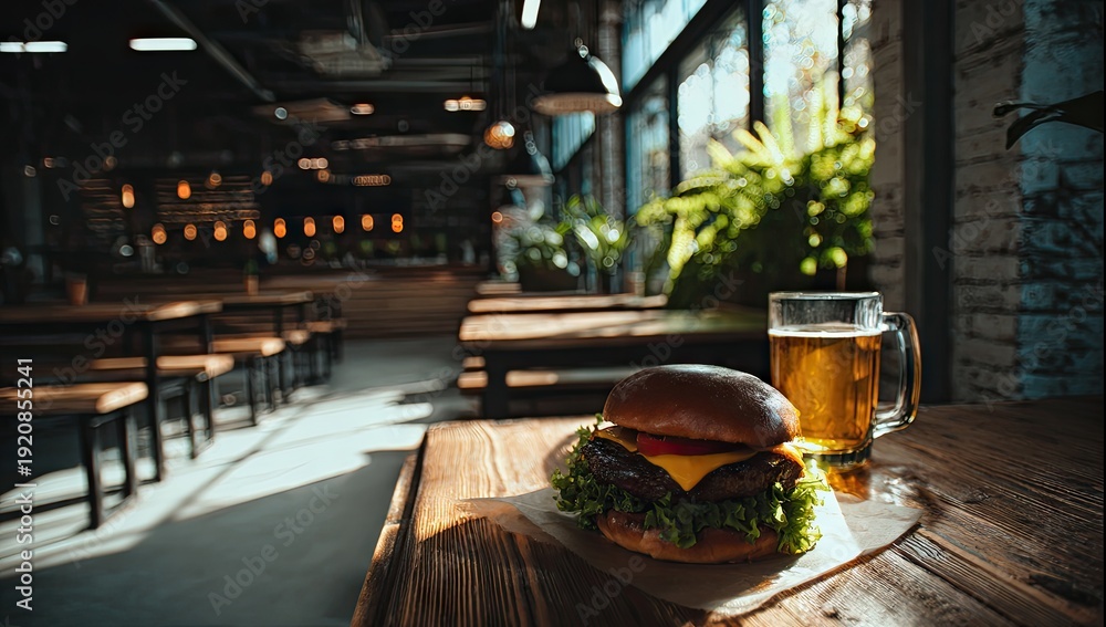 Fototapeta premium A delicious burger and cold beer sit on a wooden table in a restaurant.