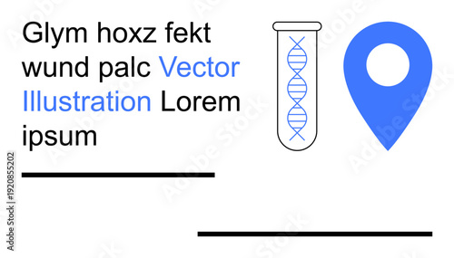 Genetics, biotech, navigation tools, education, digital interface, custom text design. DNA helix in a test tube and a blue location pin beside text. Genetics and biotech concepts