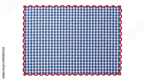 Canvastavla Blue and white gingham checkered cloth napkin with a red scalloped border on a transparent background