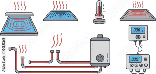 Underfloor heating icons. Vector graphic. Editable vector stroke. EPS 10.

