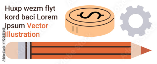 Business strategy, creative planning, financial management, productivity tools, education, teamwork. A dollar coin, pencil and a gear icon. Business strategy and creative planning concept