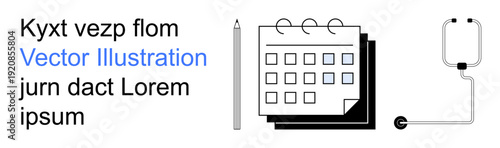 Scheduling, healthcare, appointments, productivity, medical services, planning. A calendar with a pen and a medical IV drip illustration. Scheduling and healthcare-focused