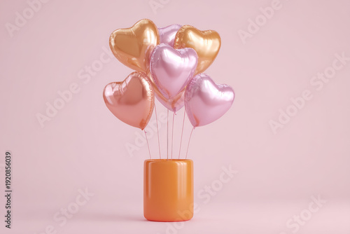 Heart Balloons in Orange Vase on Pink Background