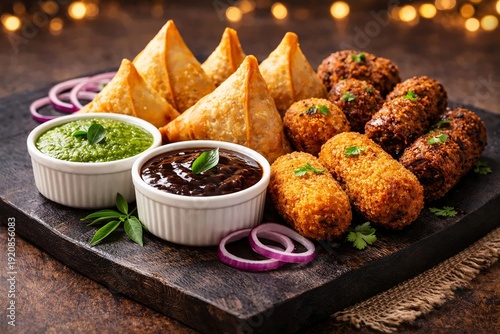 Assortment of crispy golden fried Indian appetizers including samosas and croquettes served with chutney dips