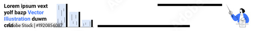 Data presentation, corporate reporting, business insights, strategy explanation, information analysis, teamwork communication. Bar chart with a person presenting. Data presentation and corporate