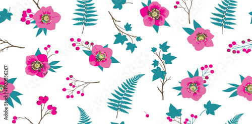 A seamless floral vector pattern featuring pink and purple blossoms with green leaves and butterflies for a nature-inspired spring wallpaper decoration