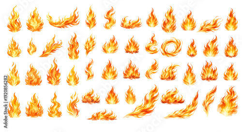 A charming watercolor collection of flame elements, including flickering fire bursts, swirling fire rings, rising embers, and dynamic blazing shapes.
