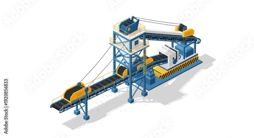 Industrial machinery conveyor belt system with blue and yellow components.