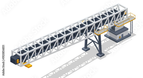 Industrial gantry crane with truss structure and control room.