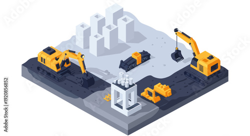 Isometric illustration of construction site with heavy machinery and building structures.