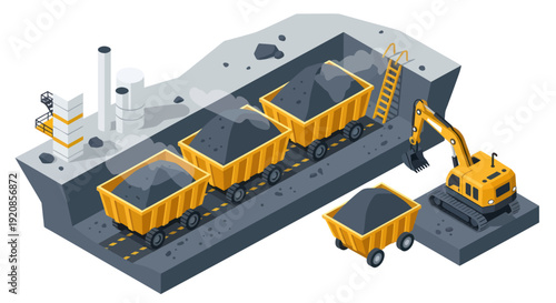 Industrial cargo ship loading coal with excavator and wagons.