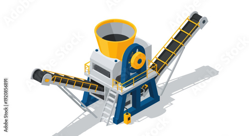 Industrial crushing machine with conveyor belts and hopper.
