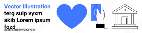 Charity, donations, financial aid, fundraising, philanthropy, nonprofit organization. Blue heart, hand holding money bank building symbol. Charity and financial aid concepts