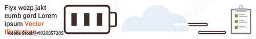Efficiency, energy management, task tracking, productivity, workflow, progress. Charging battery icon, cloud and clipboard with checklist. Energy management and task tracking visualization