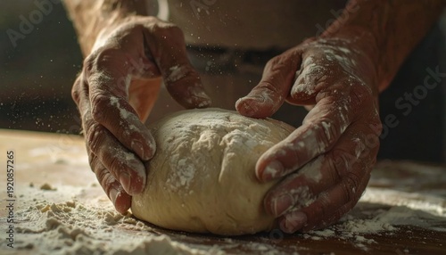 Wallpaper Mural Close Up Of Weathered Hands Kneading Fresh Dough On A Wooden Surface Dusted With Flour Soft Natural Lighting Torontodigital.ca