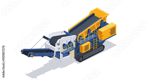 Heavy yellow and blue industrial crusher machine for mining and construction.