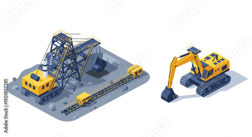3D rendering of mining equipment and excavator machinery.