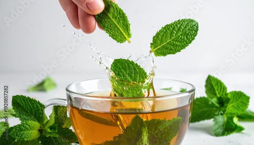 Wallpaper Mural Refreshing Mint Leaves Dropping into Amber Tea in a Clear Glass Cup Creating Splashes Natural Refreshment and Aroma Studio Shot Torontodigital.ca