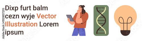 Technology, innovation, science, research, problem-solving, education. A person holding a tablet, a DNA helix and a light bulb illustration. Technology and innovation highlight conceptual ideas