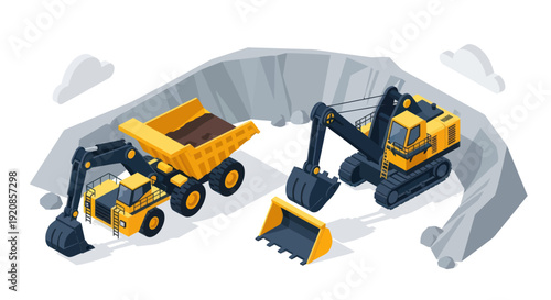 Heavy machinery excavation equipment in a quarry or construction site.