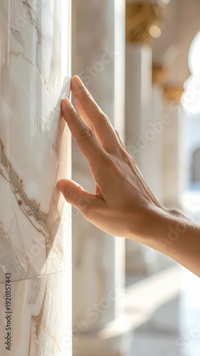 Wallpaper Mural Close Up Of A Gentle Hand Touching A White Marble Column With Soft Sunlight Highlighting The Texture And Veining In A Grand Architectural Setting Torontodigital.ca