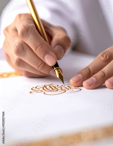 Wallpaper Mural Close Up Of A Person's Hands Holding A Gold Fountain Pen Writing Arabic Calligraphy On White Paper With Soft Natural Lighting Torontodigital.ca