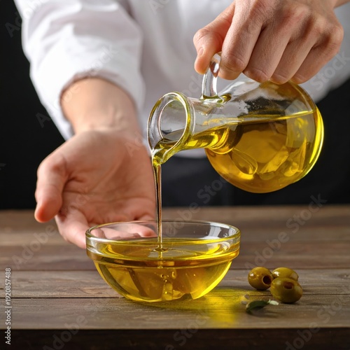 Wallpaper Mural Chef Pours Golden Olive Oil From Glass Carafe Into Crystal Bowl With Olives On Rustic Wooden Table Professional Culinary Preparation Torontodigital.ca