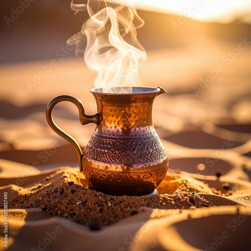 Wallpaper Mural Steaming Hot Beverage in a Traditional Hammered Copper Pot on Desert Sand Dunes at Sunrise Golden Hour Torontodigital.ca