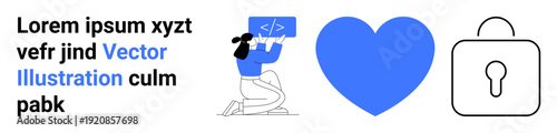 Web development, cybersecurity, data security, online safety, coding, digital communication. A person coding, blue heart secure lock icon. Coding and cybersecurity concept