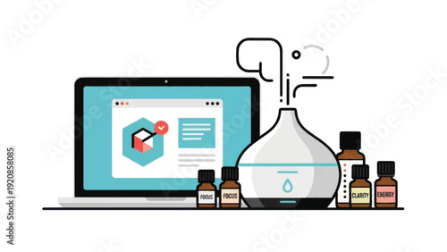 Essential Oil Diffuser and Laptop Setup.