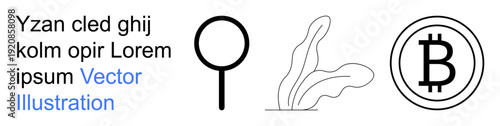 Blockchain technology, digital finance, online research, cryptocurrency trading, plant-based , graphic elements. Bitcoin symbol, magnifying glass and abstract plant vector. Cryptocurrency
