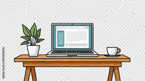 Laptop on wooden table with plant.