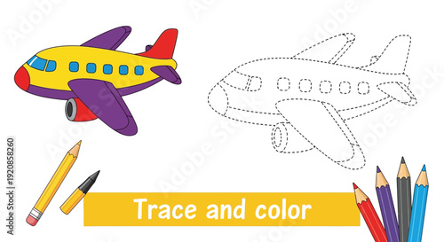Airplane tracing and coloring activity with pencils shown.